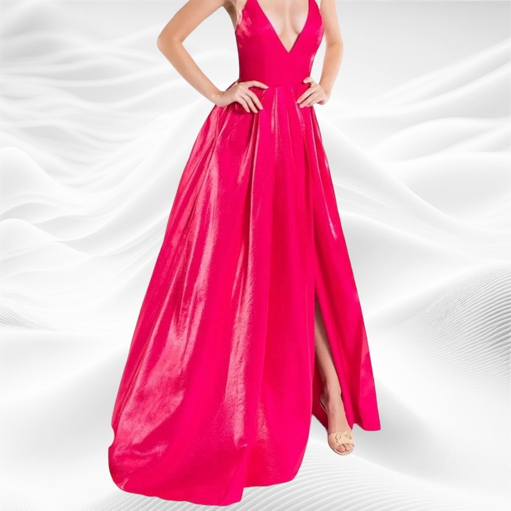 Abby Paris Long Gown‎ in Fuchsia Pink Lace Back V neckline Slit Size 00